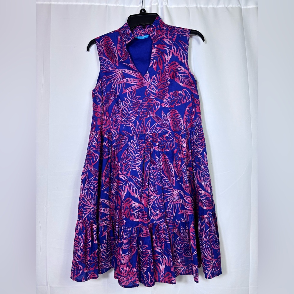 Tori Richard Royal Blue Dress with Coral Pink Leaf Print Resort Farm Rio Vibe